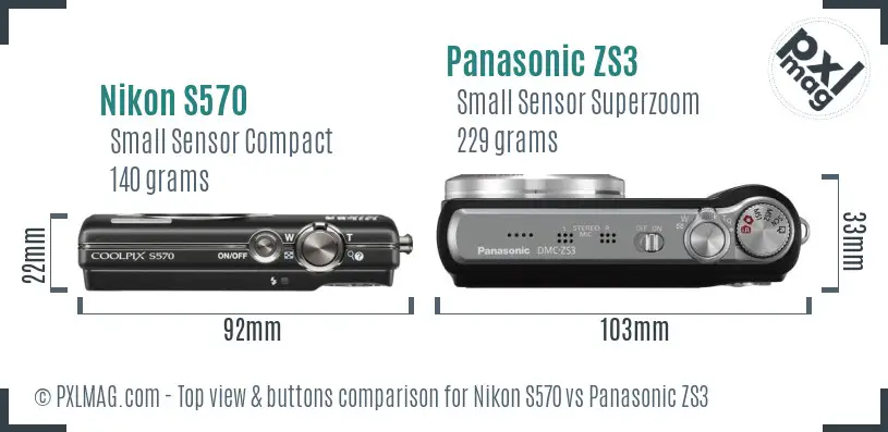 Nikon S570 vs Panasonic ZS3 top view buttons comparison