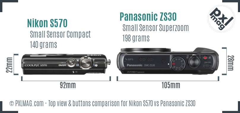 Nikon S570 vs Panasonic ZS30 top view buttons comparison