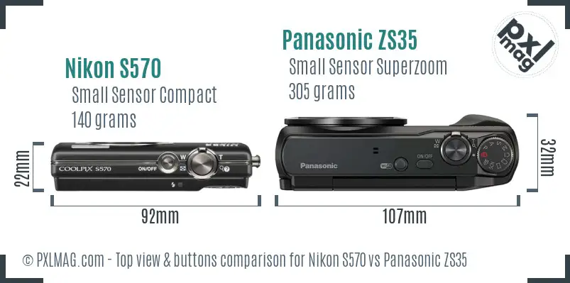 Nikon S570 vs Panasonic ZS35 top view buttons comparison Nikon S570 vs Panasonic ZS35 top view buttons comparison