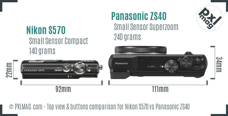 Nikon S570 vs Panasonic ZS40 top view buttons comparison Nikon S570 vs Panasonic ZS40 top view buttons comparison