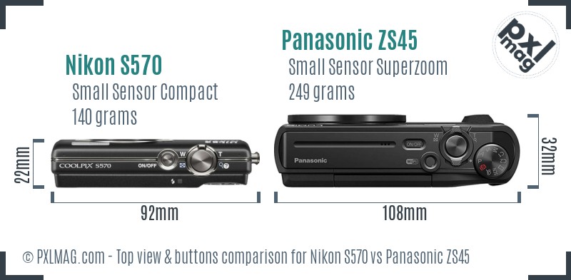 Nikon S570 vs Panasonic ZS45 top view buttons comparison