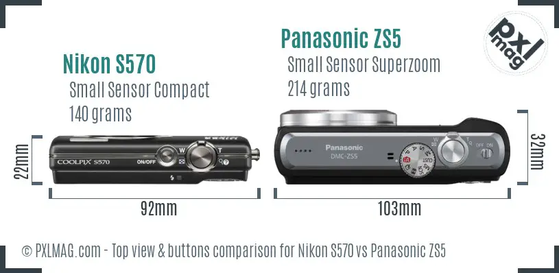 Nikon S570 vs Panasonic ZS5 top view buttons comparison Nikon S570 vs Panasonic ZS5 top view buttons comparison