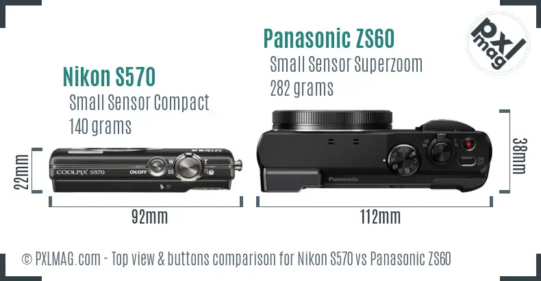 Nikon S570 vs Panasonic ZS60 top view buttons comparison Nikon S570 vs Panasonic ZS60 top view buttons comparison