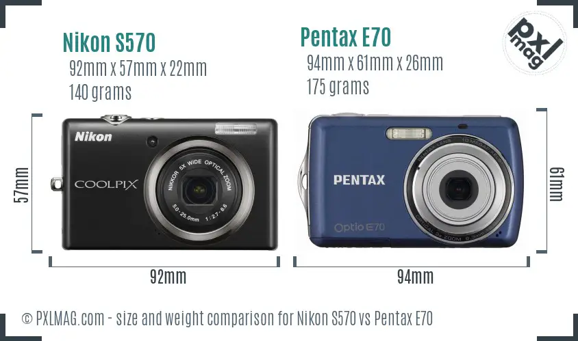 Nikon S570 vs Pentax E70 size comparison