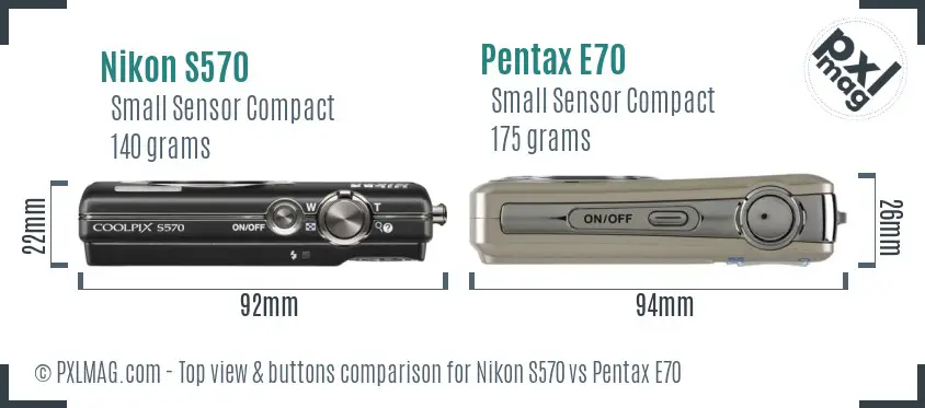 Nikon S570 vs Pentax E70 top view buttons comparison