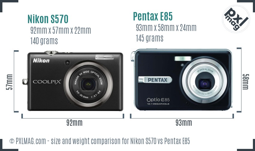 Nikon S570 vs Pentax E85 size comparison
