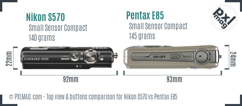 Nikon S570 vs Pentax E85 top view buttons comparison