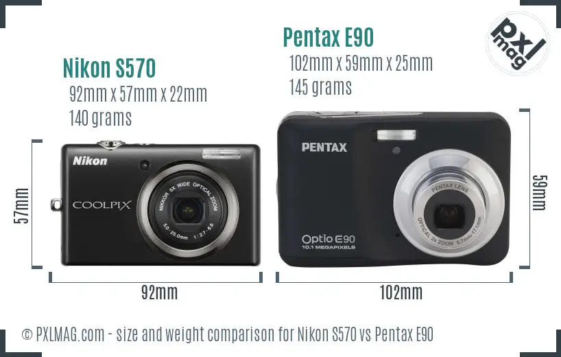 Nikon S570 vs Pentax E90 size comparison