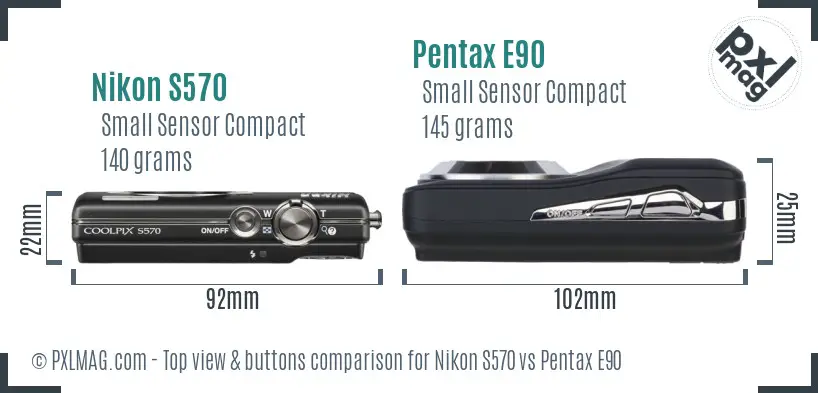 Nikon S570 vs Pentax E90 top view buttons comparison