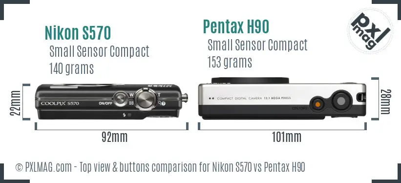 Nikon S570 vs Pentax H90 top view buttons comparison Nikon S570 vs Pentax H90 top view buttons comparison