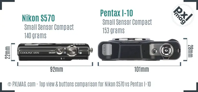Nikon S570 vs Pentax I-10 top view buttons comparison