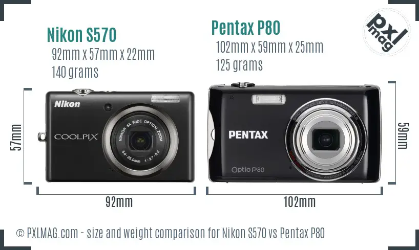 Nikon S570 vs Pentax P80 size comparison