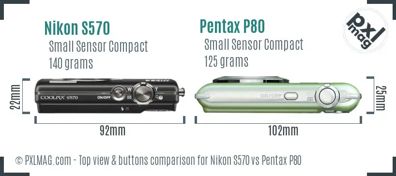 Nikon S570 vs Pentax P80 top view buttons comparison