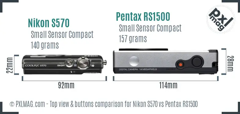 Nikon S570 vs Pentax RS1500 top view buttons comparison Nikon S570 vs Pentax RS1500 top view buttons comparison