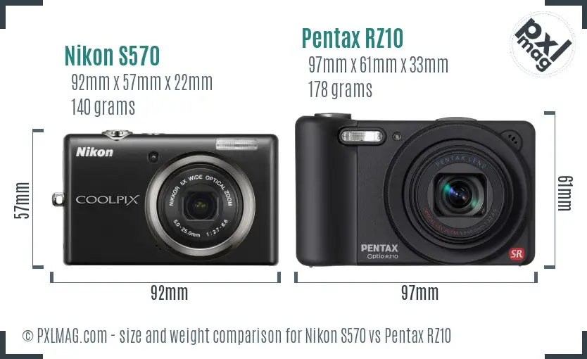 Nikon S570 vs Pentax RZ10 size comparison