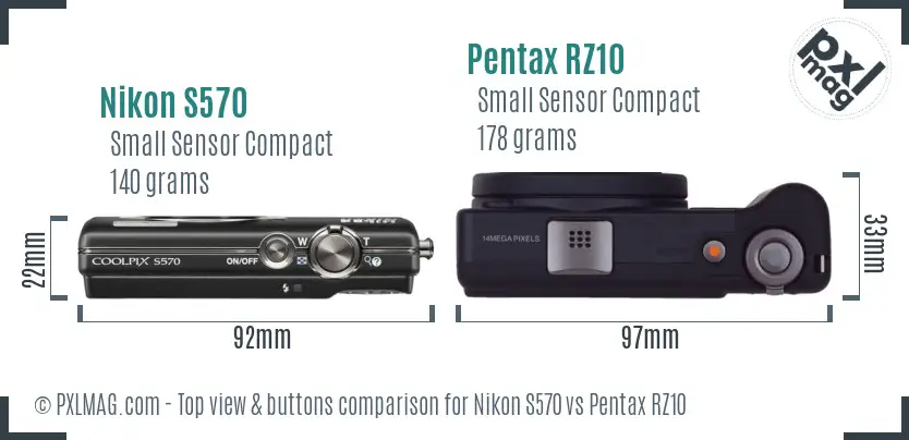 Nikon S570 vs Pentax RZ10 top view buttons comparison