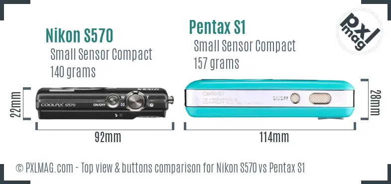Nikon S570 vs Pentax S1 top view buttons comparison