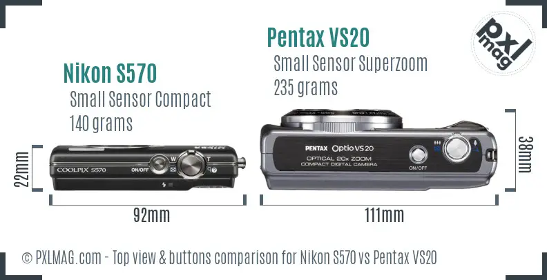 Nikon S570 vs Pentax VS20 top view buttons comparison