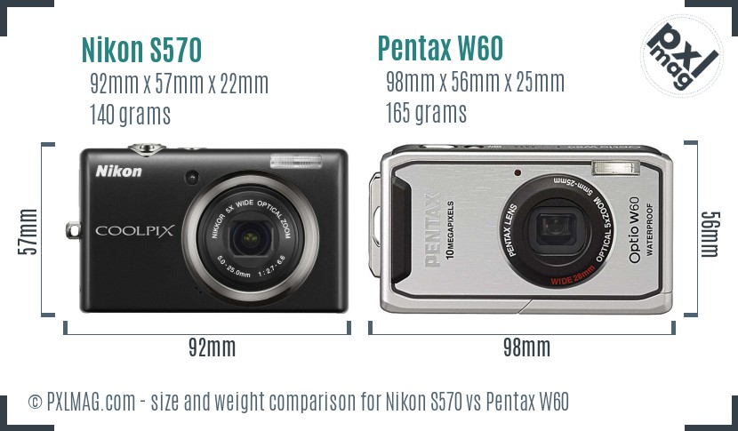 Nikon S570 vs Pentax W60 size comparison Nikon S570 vs Pentax W60 size comparison