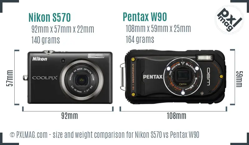 Nikon S570 vs Pentax W90 size comparison