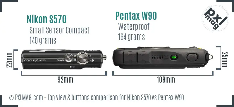 Nikon S570 vs Pentax W90 top view buttons comparison