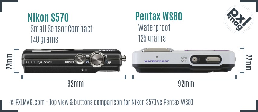 Nikon S570 vs Pentax WS80 top view buttons comparison