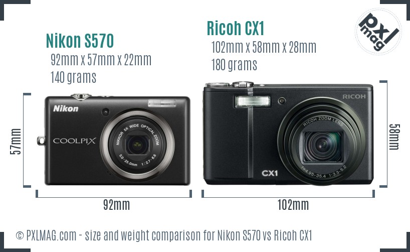 Nikon S570 vs Ricoh CX1 size comparison