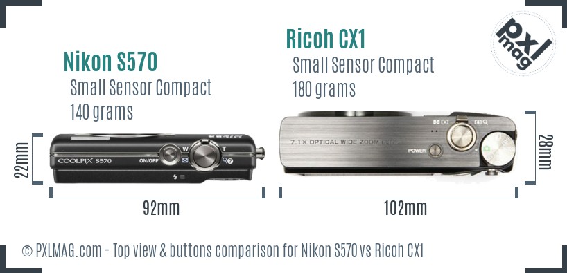 Nikon S570 vs Ricoh CX1 top view buttons comparison