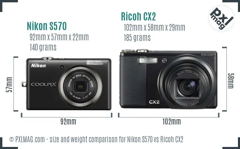 Nikon S570 vs Ricoh CX2 size comparison