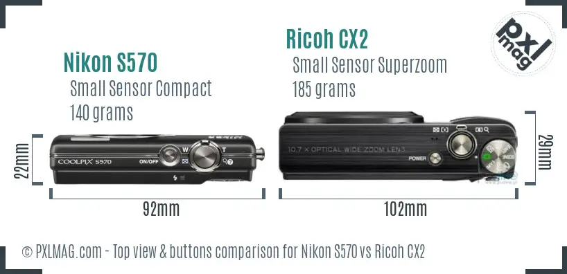 Nikon S570 vs Ricoh CX2 top view buttons comparison