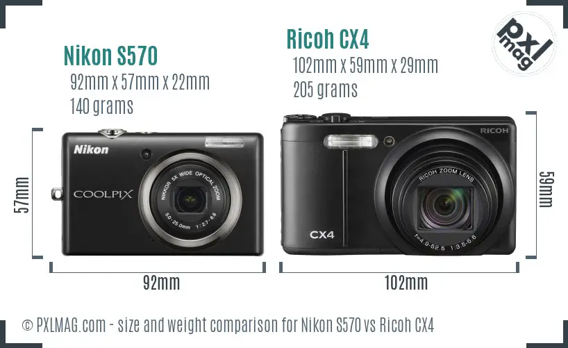 Nikon S570 vs Ricoh CX4 size comparison