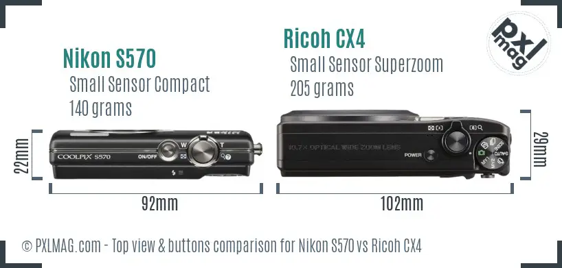 Nikon S570 vs Ricoh CX4 top view buttons comparison