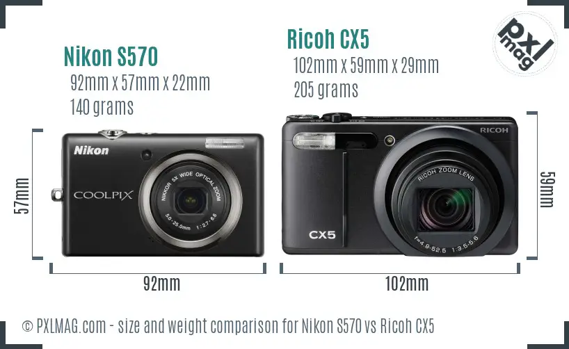 Nikon S570 vs Ricoh CX5 size comparison