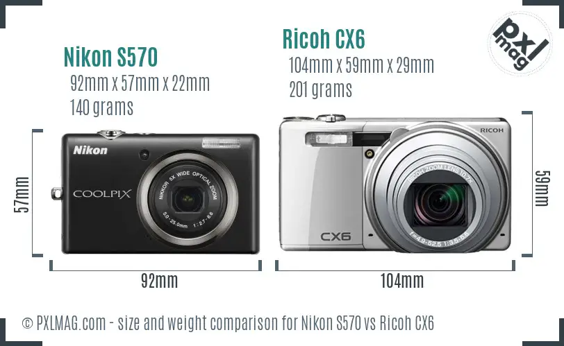 Nikon S570 vs Ricoh CX6 size comparison Nikon S570 vs Ricoh CX6 size comparison
