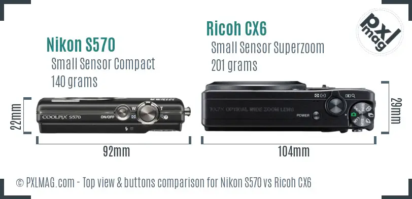 Nikon S570 vs Ricoh CX6 top view buttons comparison Nikon S570 vs Ricoh CX6 top view buttons comparison