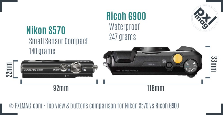 Nikon S570 vs Ricoh G900 top view buttons comparison
