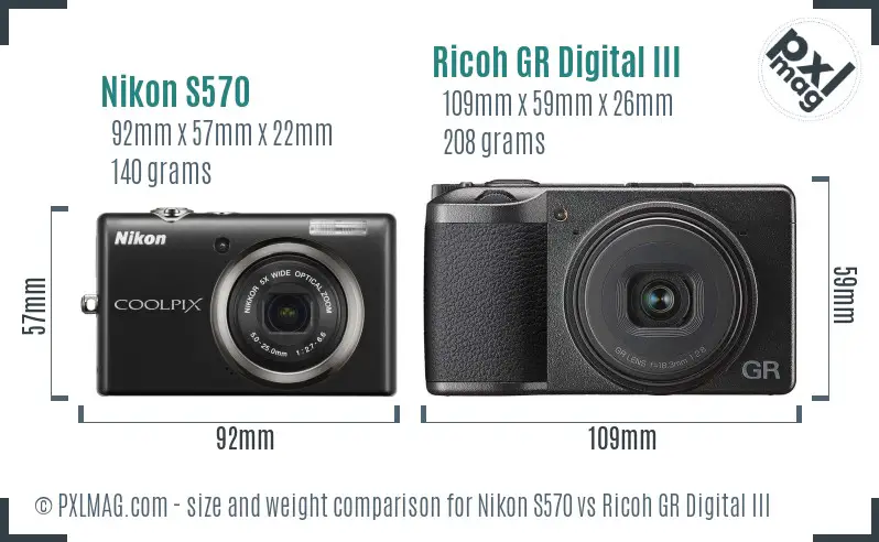Nikon S570 vs Ricoh GR Digital III size comparison Nikon S570 vs Ricoh GR Digital III size comparison
