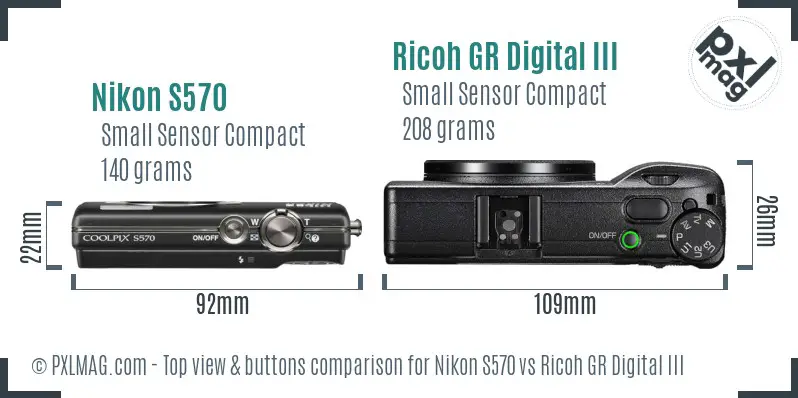 Nikon S570 vs Ricoh GR Digital III top view buttons comparison Nikon S570 vs Ricoh GR Digital III top view buttons comparison