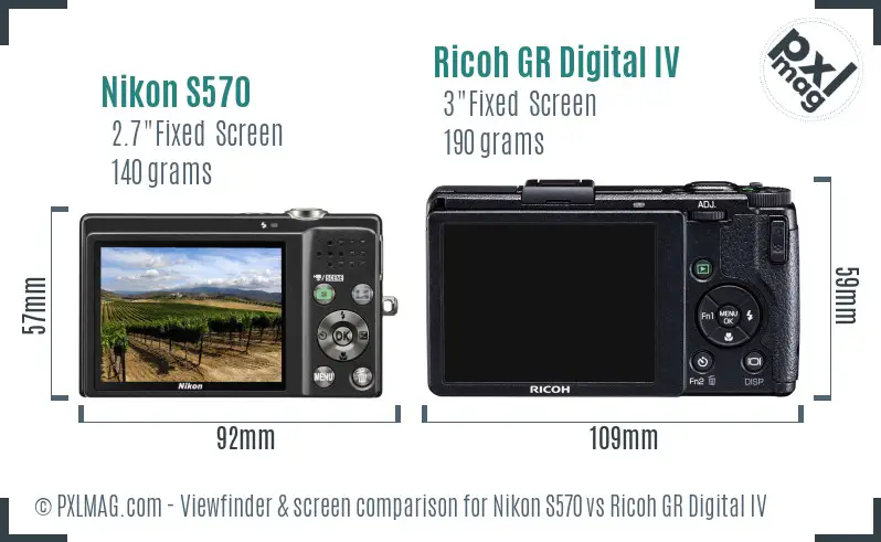 Nikon S570 vs Ricoh GR Digital IV Screen and Viewfinder comparison