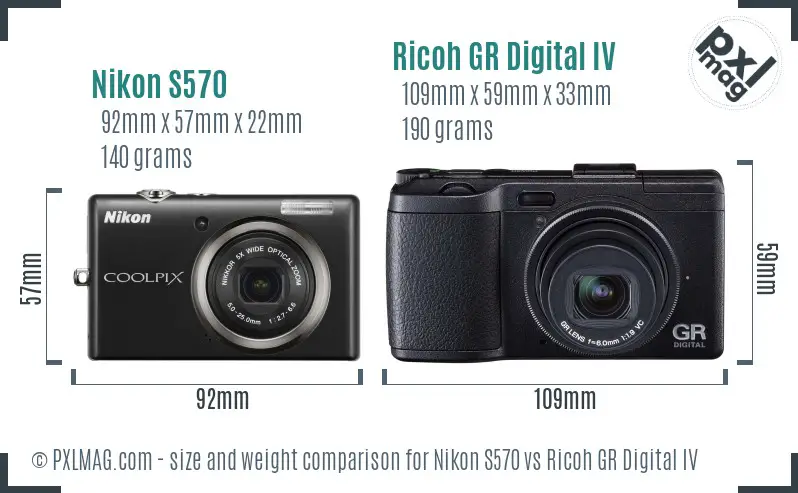 Nikon S570 vs Ricoh GR Digital IV size comparison