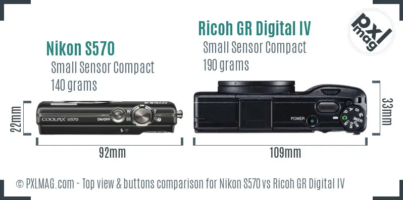 Nikon S570 vs Ricoh GR Digital IV top view buttons comparison