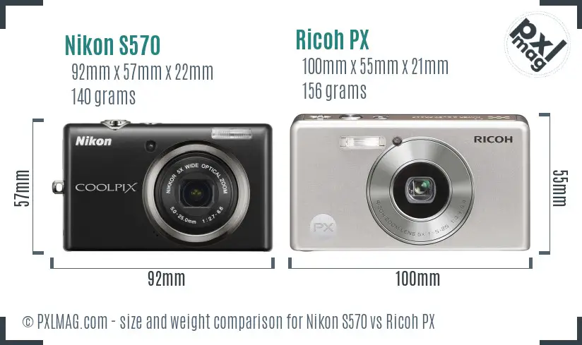 Nikon S570 vs Ricoh PX size comparison