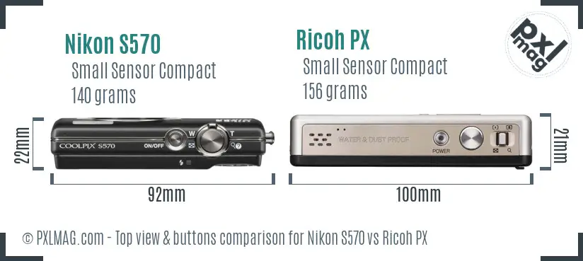 Nikon S570 vs Ricoh PX top view buttons comparison