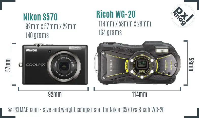 Nikon S570 vs Ricoh WG-20 size comparison