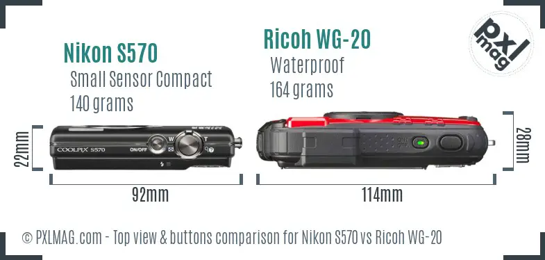 Nikon S570 vs Ricoh WG-20 top view buttons comparison