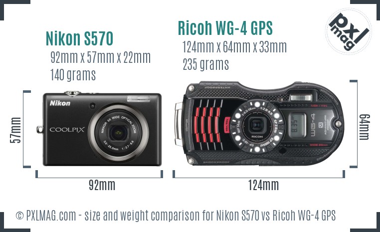 Nikon S570 vs Ricoh WG-4 GPS size comparison