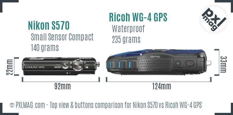 Nikon S570 vs Ricoh WG-4 GPS top view buttons comparison