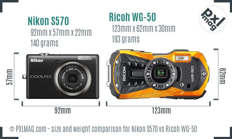 Nikon S570 vs Ricoh WG-50 size comparison