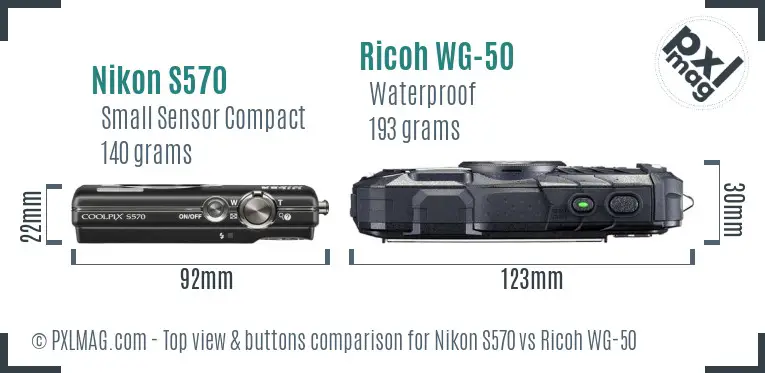 Nikon S570 vs Ricoh WG-50 top view buttons comparison