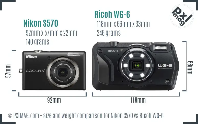 Nikon S570 vs Ricoh WG-6 size comparison